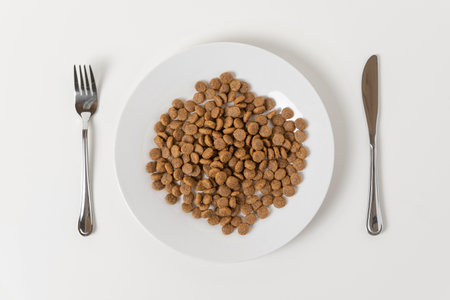 Dry animal food in a white ceramic plate served with knife and fork on a beige neutral studio background. cat or dog food. Creative funny image for ad of pet products. Top view, flat lay, copy space.の写真素材