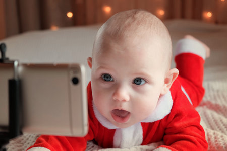 Smiling Baby Wearing Red Santa Claus Costume Making Video Call looking at Phone. Christmas Online...