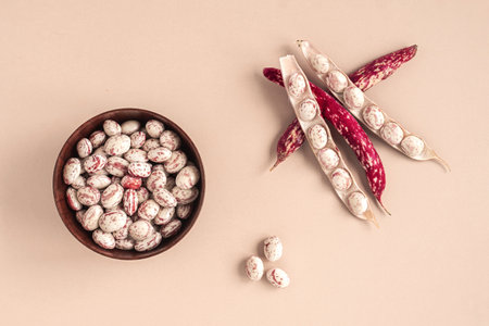 Cranberry beans. Borlotti bean pods in bowl. Top view. Stylish modern food background. Magenta color. Creative foodstuff flat lay. Grocery, dietary backdrop. Advertising, trendy magazine publication.の写真素材