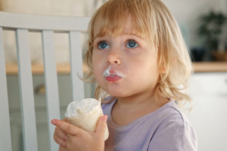 Baby girl enjoying ice cream. Pretty little toddler eating an ice-cream indoors, at home. Dining room background. Small child eats plombir and cream messy on her mouth. Cute kid with tasty sweet food.の写真素材