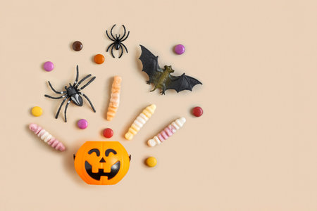 Halloween background with black bats, spiders, orange pumpkin. Modern Holiday design. Halloween party border, beige nude color. Flat lay, top view copy space. Thanksgiving fall decoration. Long bannerの写真素材