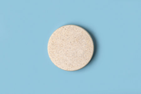 Round Podium on Blue Background. Natural Marble Pedestal. Eco Beauty Product Mockup promotion. Scene to Show. Stone Showcase, Display Case. Top View Soft Shadow Flat Lay. Trendy Cian Color Space. Spaの写真素材