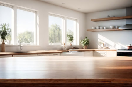 Empty wooden table top counter near a big window. Wood tabletop over defocused kitchen background. Trendy stylish desk space for product presentation, blur light modern cooking interior. Ai Generatedの素材