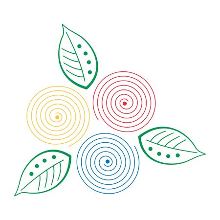 Abstract colorful spirals and leaves. Vector Illustration. Design concept on white background. Red, yellow, blue decorative ornament spiral flowers motif composition.のイラスト素材