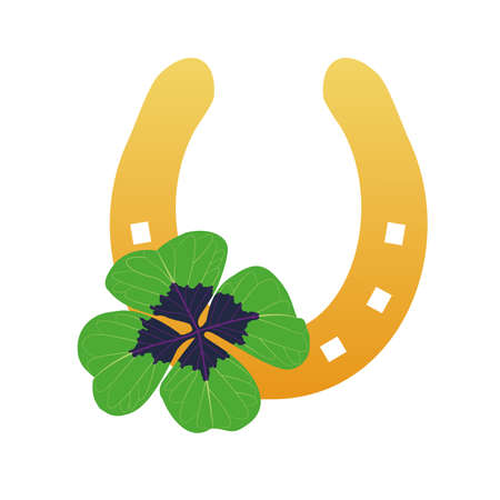 Gold horseshoe with four leaf clover. Saint Patrick's Day concept. Lucky symbols. Casino design. Vector illustration isolated in flat style on white background.のイラスト素材