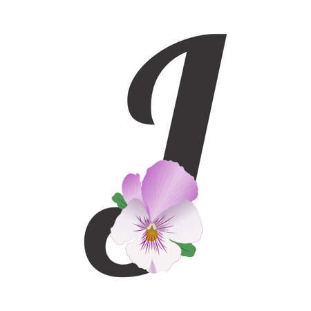 The black letter J is decorated with a light lilac garden pansy flower. Bright colors and gradients. Bud and leaves. A symbol of love and fidelity. Vector illustration, floral alphabet.のイラスト素材