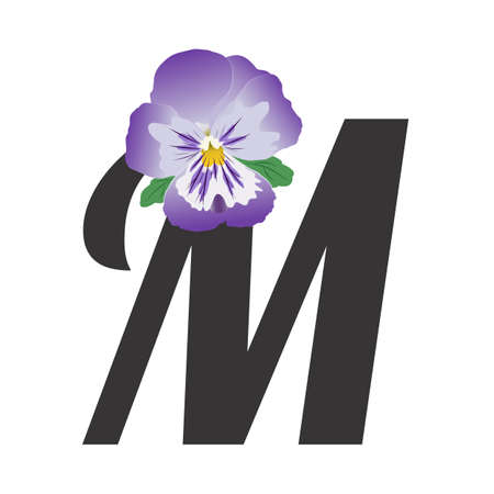 the letter m with a single purple pansy flower bud and leaves isolated on white floral alphabet vector illustration flat style and gradients tasmeemme com