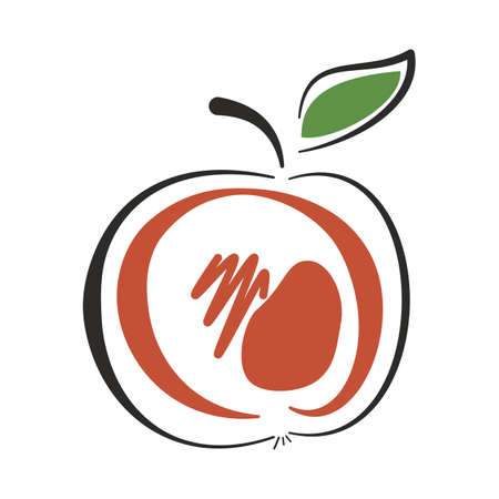 Stylized hand-drawn apple with a leaf. Red, green, black colors. Vector illustration in cartoon flat style. Apple icon, healthy food, agriculture. Design element for print, web.のイラスト素材