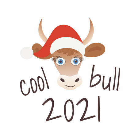Cartoon cute young bull wearing red Santa hat and lettering. Symbol 2021 New Year, vector illustration isolated on white. For use in Christmas cards, T-shirt printing, holiday interior decoration.のイラスト素材