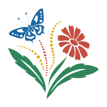 Red gerbera flower with green leaves and blue butterfly. Full-color floral decorative motif. Hand-drawn vector illustration, flat style. Design element for banners, t-shirts prints, greeting cards.のイラスト素材