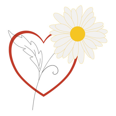 Heart and Chamomile, composition for Valentine's Day. Only daisy flower bud. Hand-drawn vector, flat style. Red, white, yellow, black colors. For greeting cards, crafts, printing on t-shirt, internet.のイラスト素材