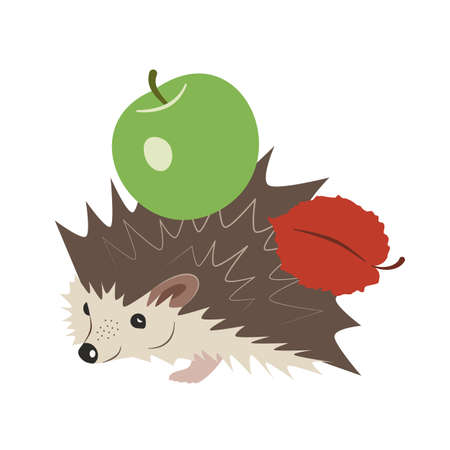 Cute cartoon hedgehog with a green apple and a red leaf on the back. Hand-drawn vector, flat style. Forest animals, autumn time. Design element for children's manuals, illustrations, printing, web.のイラスト素材