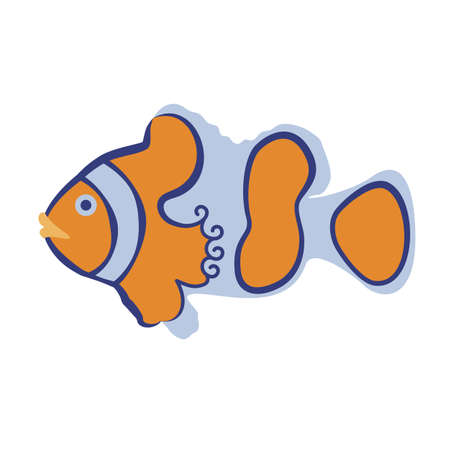 Cartoon stylized clown fish. Hand-drawn vector. Tropical marine animals, inhabitants of the seas and oceans. Orange and blue colors. For illustrations, children's manuals, print, Internet.のイラスト素材
