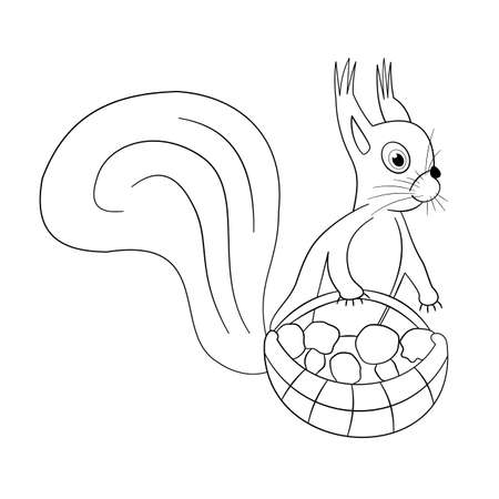 Outline baby squirrel with a basket of mushrooms for coloring pages. Forest cute animal. Cartoon character, hand-drawn vector, line art. For children, development, kindergarten, preschool education.のイラスト素材