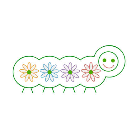 Simple geometric caterpillar pattern with colored daisies. Flower rainbow. Cartoon summer baby illustaration. Hand-drawn vector. Stylized icon, fantasy. For coloring pages, schoolbook, preschool.のイラスト素材