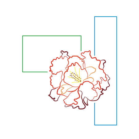 Red carnation flower and frame. Abstract full color composition with clove. Hand-drawn vector. Summer bloom, natural ornament. Festive decor for illustration, presentation, cover, wedding invitation.のイラスト素材