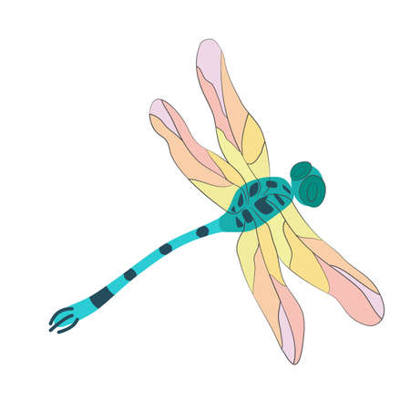 Blue-green dragonfly with rainbow wings in flight. Hand-drawn vector, flat style. Full color natural spring summer wildlife illustration, beautiful insect. For color pages, print, art decor, internet.のイラスト素材