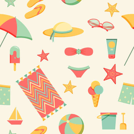 Beach or summer items seamless pattern. Vector.のイラスト素材