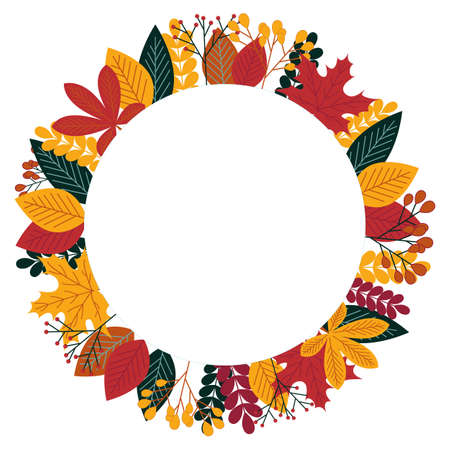 Autumn seasonal frame, border with autumn leaves. White background with space for text. Vector.のイラスト素材