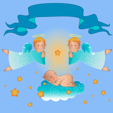 Angels on the baby sleeping on a cloud. Card birth, a child baptism.のイラスト素材