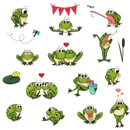 Emotional cute frogs Cartoon character - vector setのイラスト素材