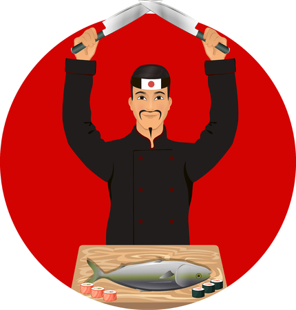 Japanese chef cooking fish using two katanaのイラスト素材