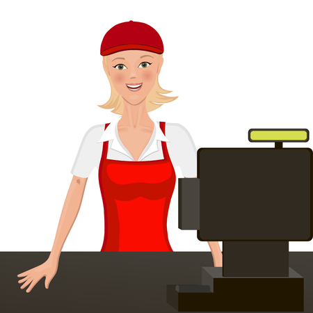 The cashier behind the counter. Isolated object. headpiece and apron is easy to clean.のイラスト素材