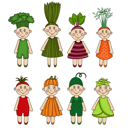 Cartoon men vegetables. Broccoli, onions, beets, carrots, tomato, pumpkin, cucumber, cabbage.のイラスト素材