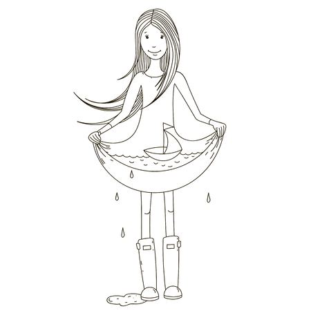 The girl in rubber boots, dress in the sea, a ship on the waves, the wind in your hair.のイラスト素材