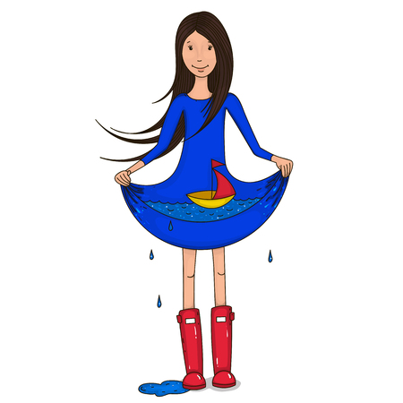 The girl in rubber boots, dress in the sea, a ship on the waves, the wind in your hair.のイラスト素材