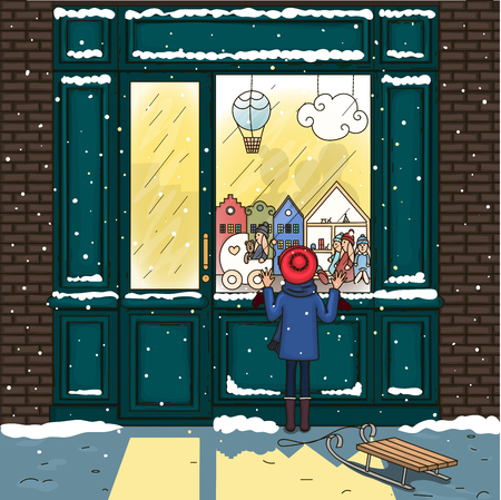 The girl at the window of the store.のイラスト素材