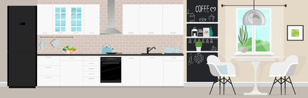 Kitchen with furniture. Cozy modern kitchen interior with table, stove, cooker hood, kitchen drawers. Vector illustration. Flat style.のイラスト素材