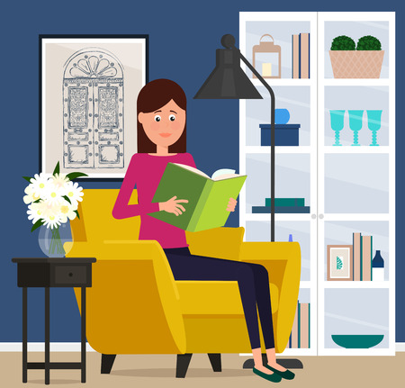 Woman in chair reading book.のイラスト素材