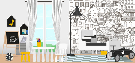 A modern cozy childrens room in black and white.のイラスト素材