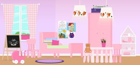 Modern interior design room for girls in pink. Vector illustrationのイラスト素材