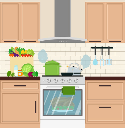 Stove in the kitchen with dishes. In the oven, a chicken vector flat illustration.のイラスト素材