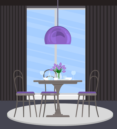 Interior design of the dining room with gray furniture and purple accents. Served table. Vector flat illustration.のイラスト素材