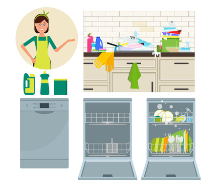 Dishwasher, kitchen faucet and housewife. Vector flat illustration.のイラスト素材