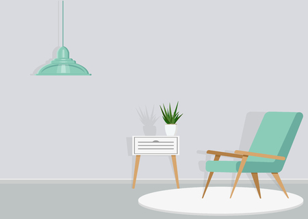 Mint-colored chair in minimalism style on a white wall background. Fresh, minimalistic interior design.Vector flat illustration.のイラスト素材