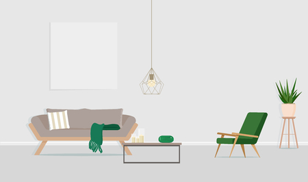 Interior design of the room with a gray sofa, an armchair and an empty poster on the wall. Vector flat illustration.のイラスト素材