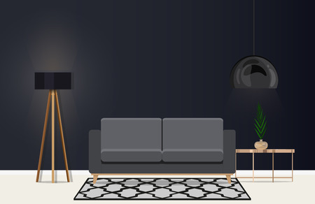 Interior design of a modern living room in Scandinavian style. Vector flat illustration.のイラスト素材