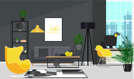 Black interior with a yellow armchair and a working place by the window. Vector flat illustration.のイラスト素材