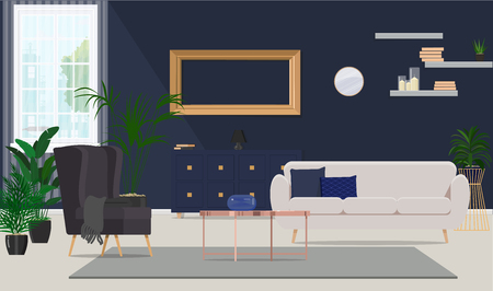 Coffee table between the chair and the sofa. Blue the interior of the living room with a window and plants. Vector flat illustration.のイラスト素材