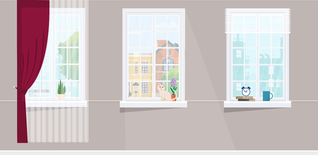 Three windows overlooking the city. Flower, cat and hot cup windowsill. Flat style vector illustration.のイラスト素材