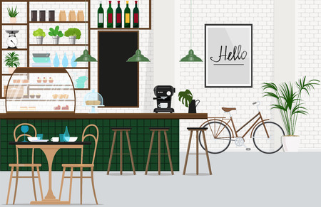 Interior design cafe with a bar, a showcase with baked, coffee machine, bar stools, dining room group. Vector flat illustration.のイラスト素材