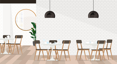 White interior design cafe or restaurant with dining groups. Vector flat illustration.のイラスト素材