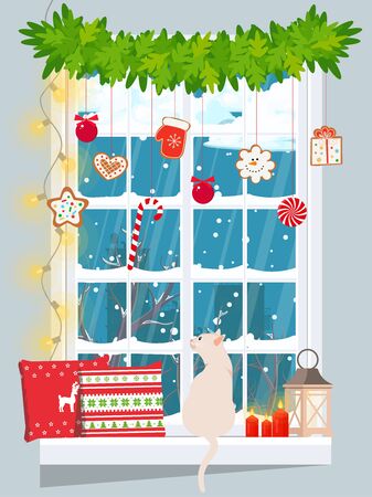 Snowbound window decorated with lights and gingerbread cookies. With pillows and a cat on the windowsill.のイラスト素材