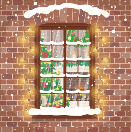 View of a Christmas living room with fireplace and Christmas tree through a snowy window.のイラスト素材