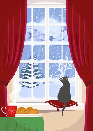 A cozy window with a cat on the windowsill and a winter night landscape.のイラスト素材