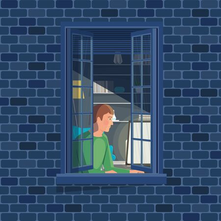 Illustration of a man in an open window working at a computer.のイラスト素材